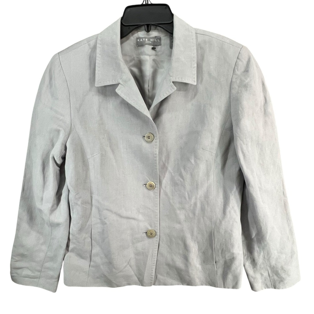 Kate Hill Blazer Women 8P Gray Linen Blend Jacket Smart Career Timeless Corpcore